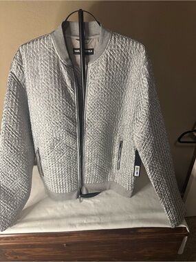 Karl Lagerfeld Metallic Silver Quilted Bomber Jacket XL